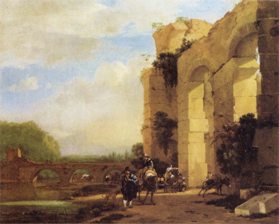 Jan Asselijn Italian Landscape with the Ruins of a Roman Bridge and Aqueduct